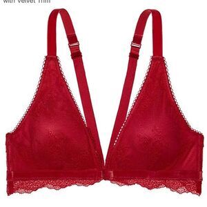 Victoria’s Secret Padded lace velvet trim front close bralette bra Ruby red M